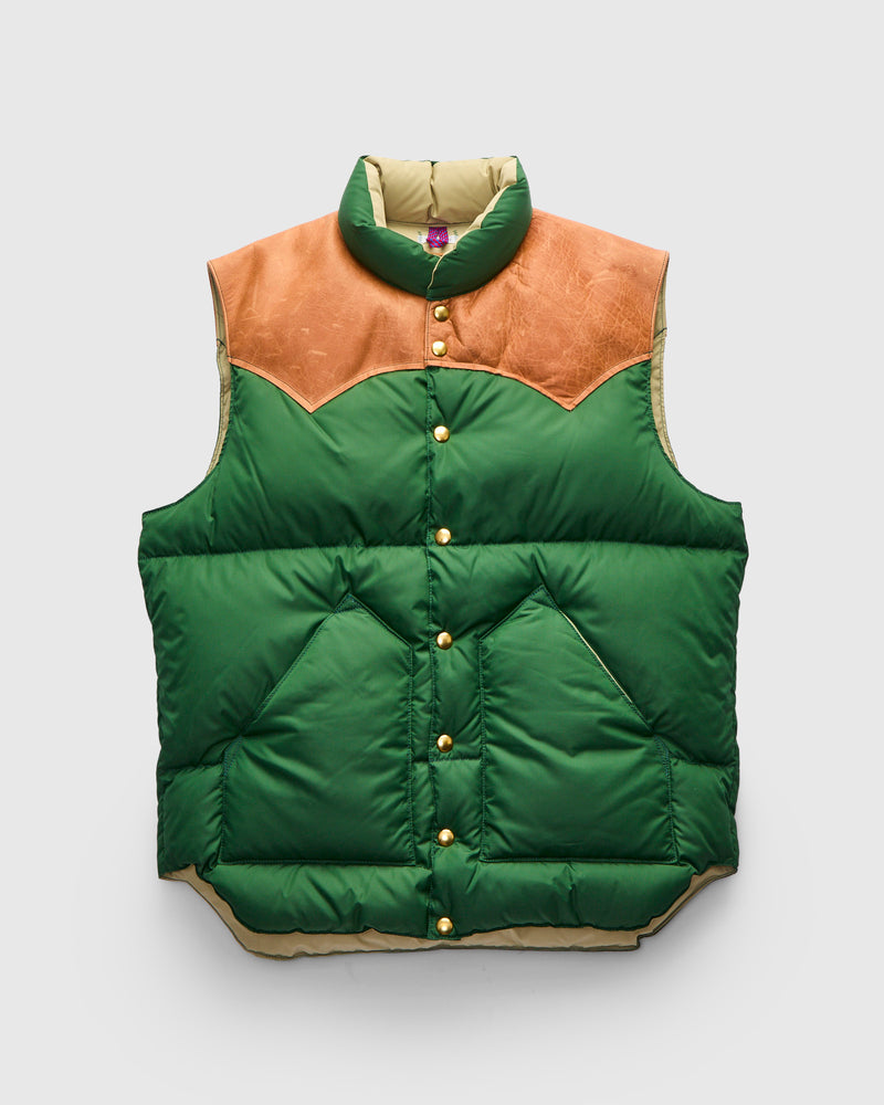 Rocky Mountain Featherbed x Warehouse Nylon Down Vest in Bottle Green