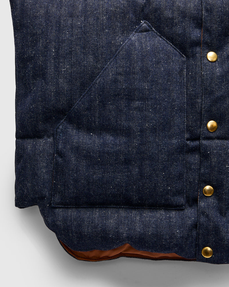 Rocky Mountain Featherbed x Warehouse HBT Down Vest in Indigo