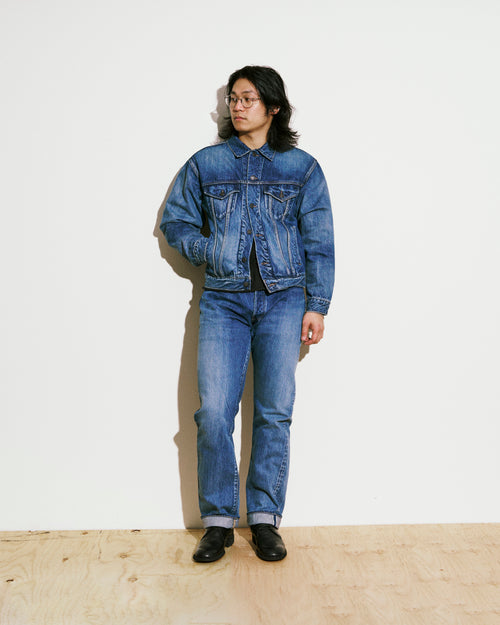 Straight 5 Pocket Selvedge Denim Pants in Medium Dark Blue Damage