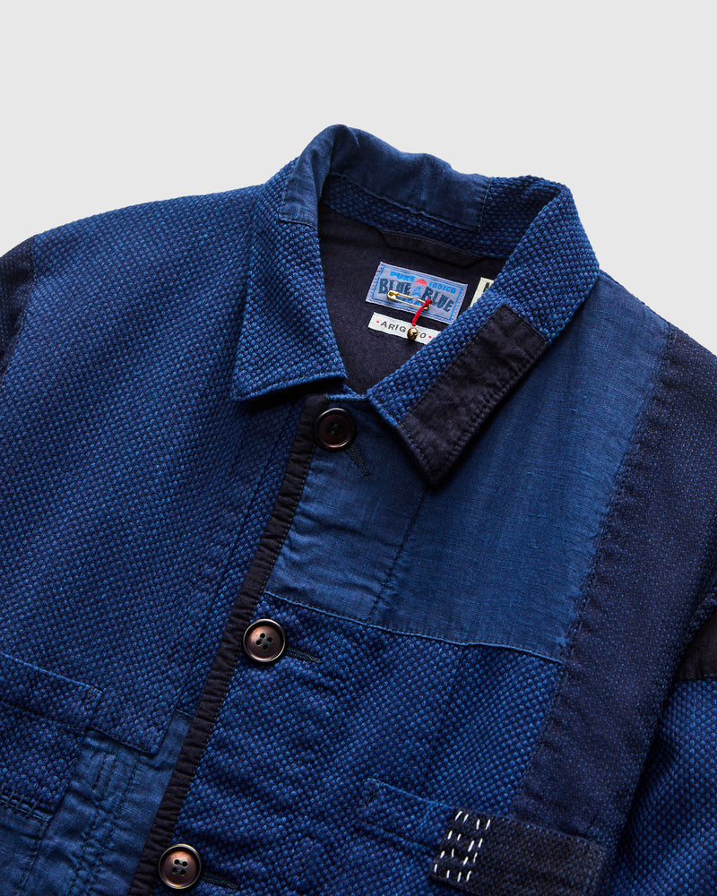 Kasezome Sashiko Nenrin Coverall Jacket in Patchwork Indigo