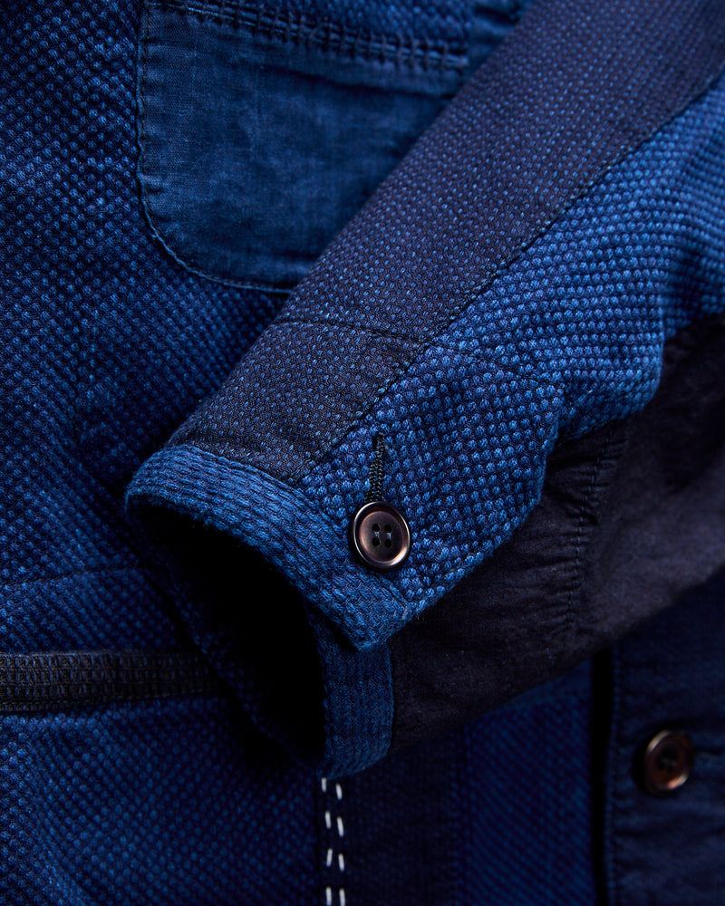 Kasezome Sashiko Nenrin Coverall Jacket in Patchwork Indigo