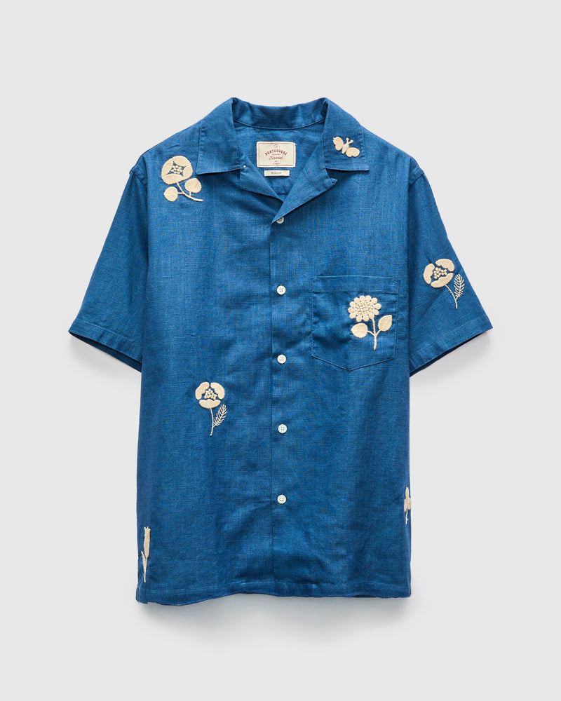 Embroidery Nature Ramie Shirt in Blue