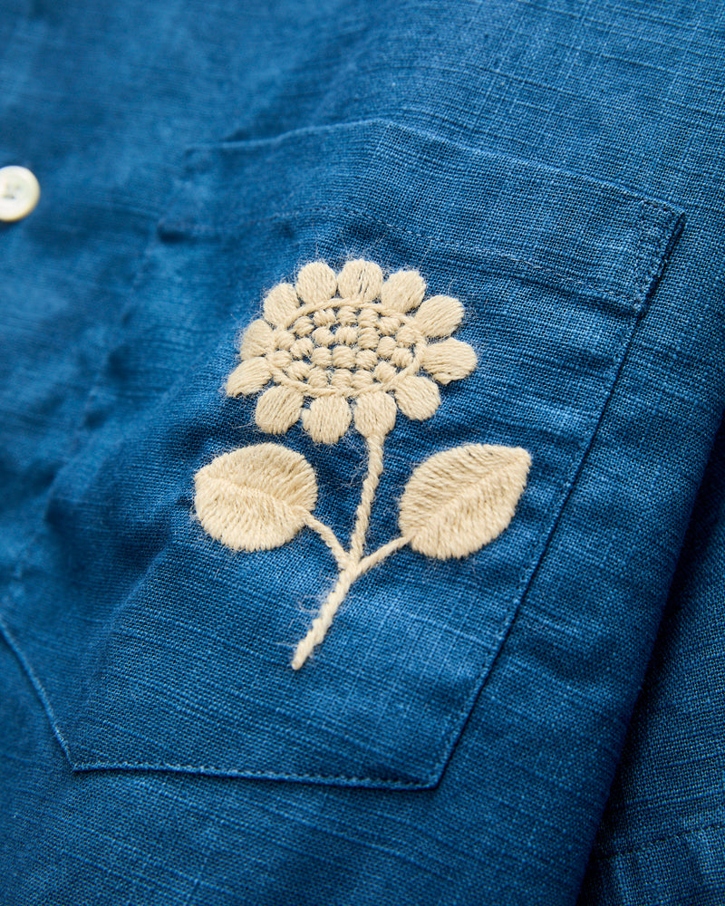 Embroidery Nature Ramie Shirt in Blue