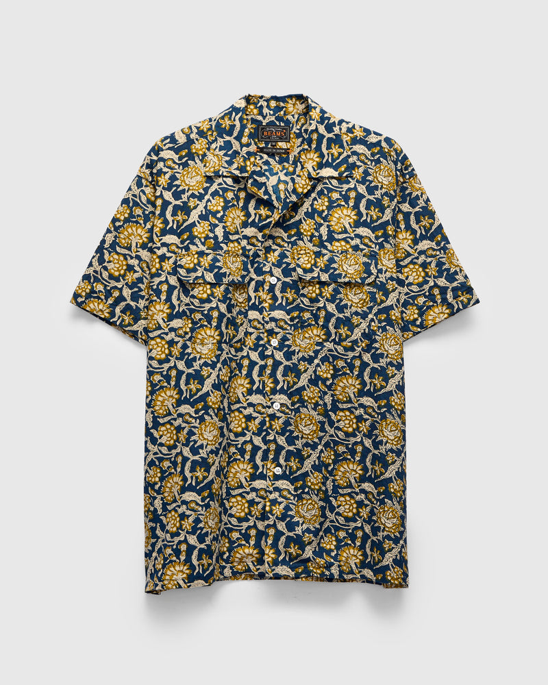Block Print Open Collar Shirt in Blue