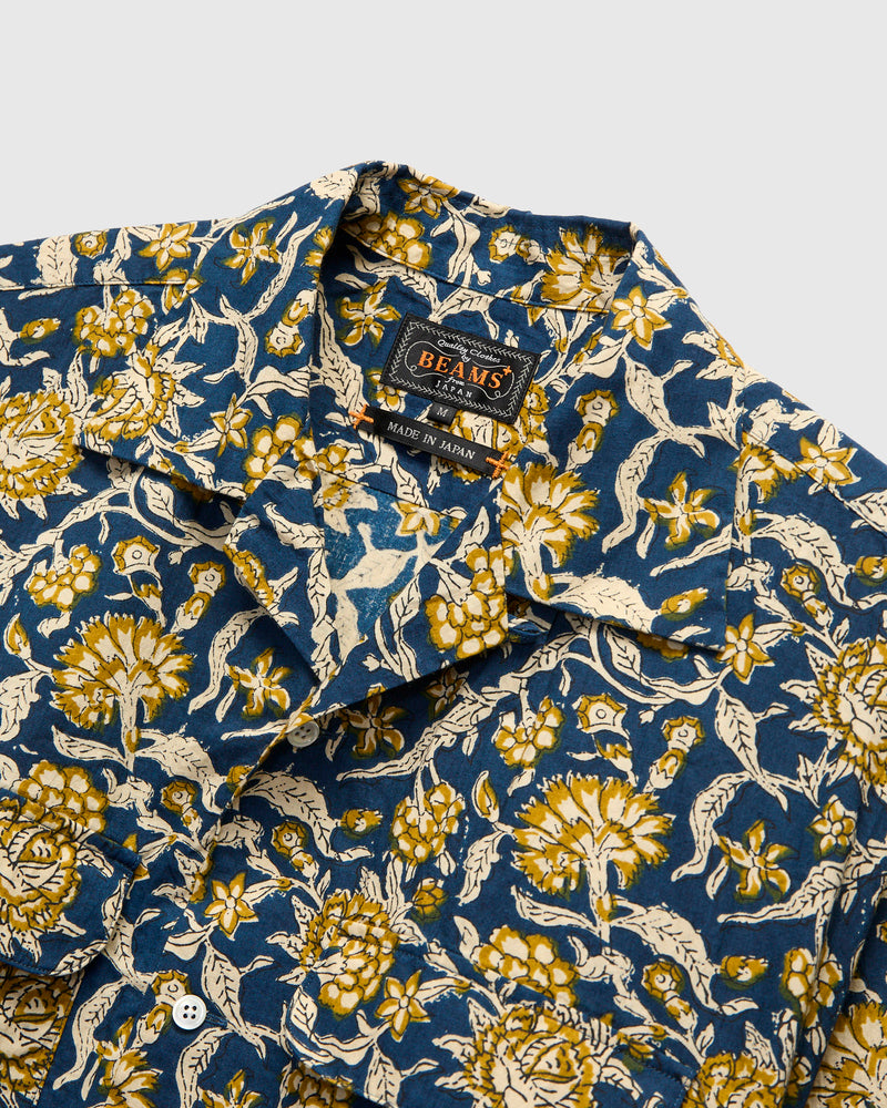 Block Print Open Collar Shirt in Blue