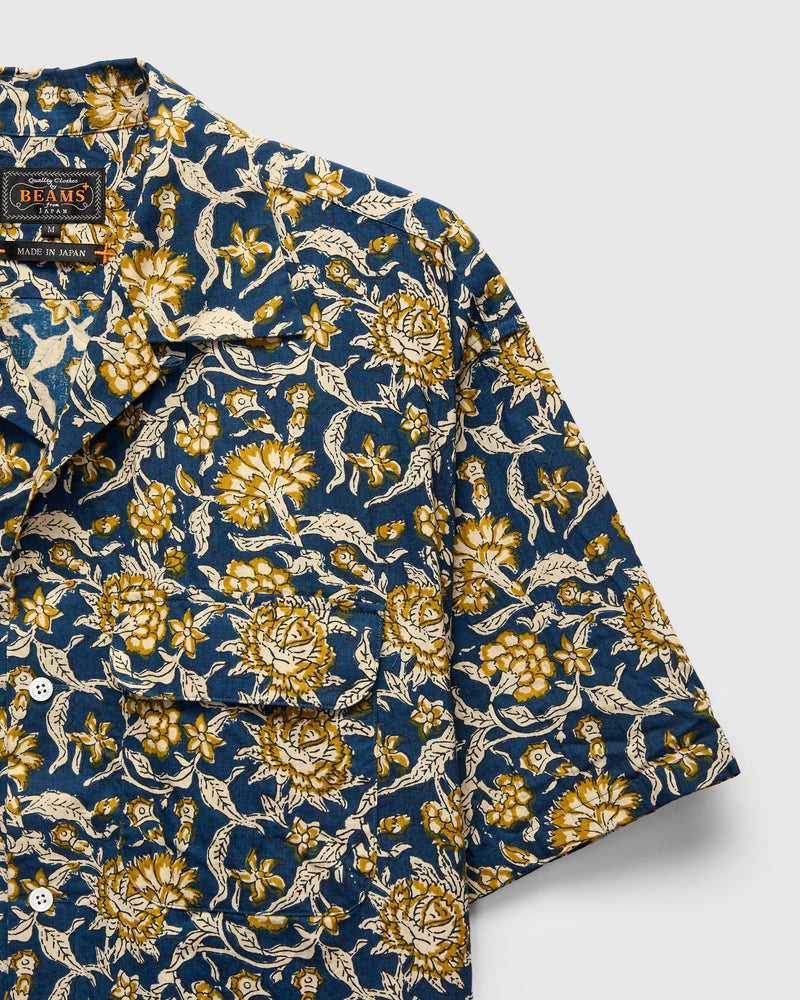 Block Print Open Collar Shirt in Blue