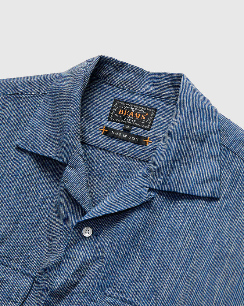 Linen Open Collar Shirt in Indigo Stripe