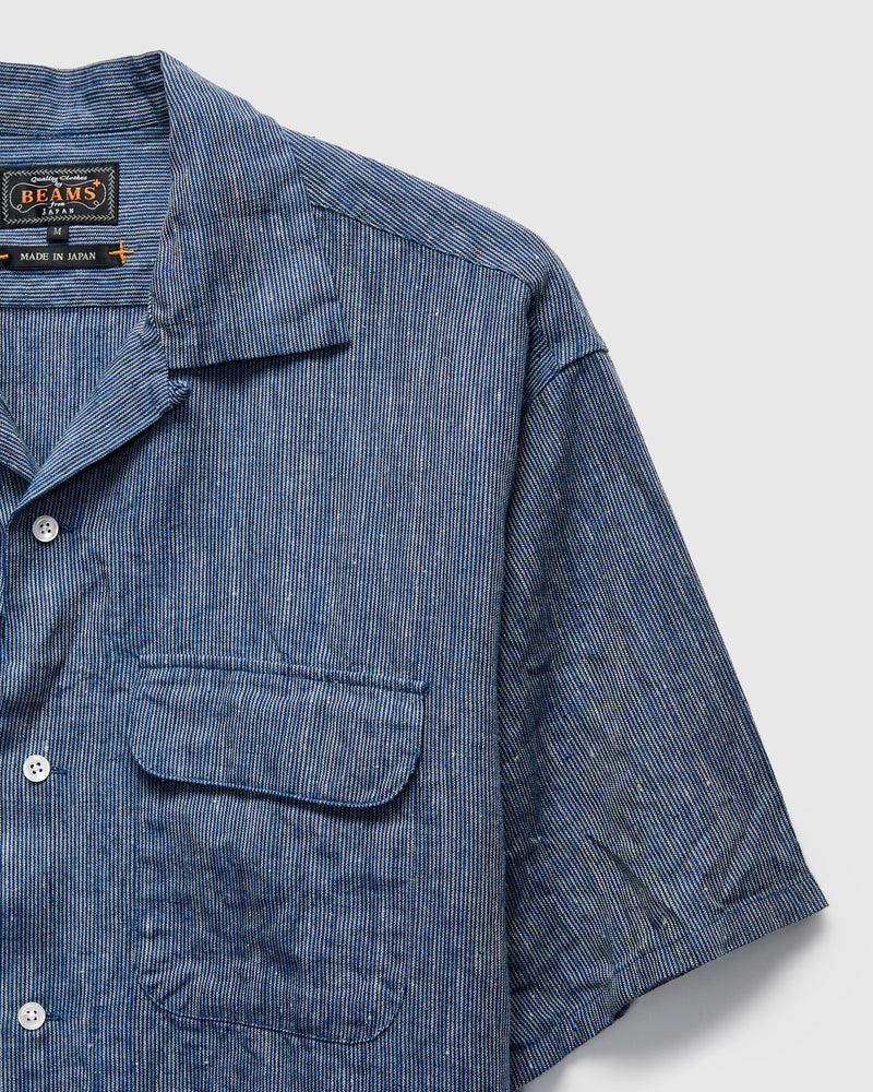 Linen Open Collar Shirt in Indigo Stripe