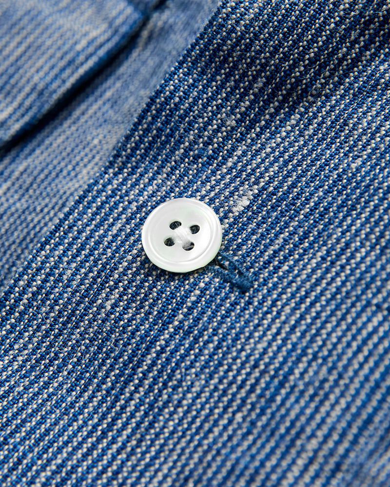 Linen Open Collar Shirt in Indigo Stripe