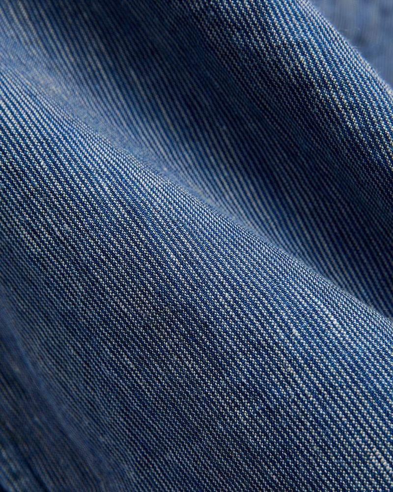 Linen Open Collar Shirt in Indigo Stripe