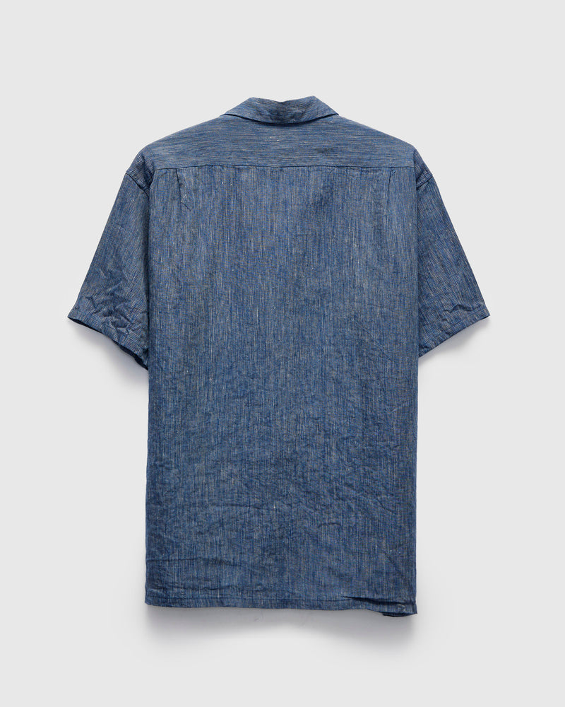 Linen Open Collar Shirt in Indigo Stripe