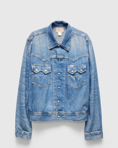 Studded Sawtooth Denim Shirt Jacket in Dillon Wash