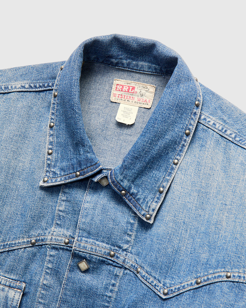 Studded Sawtooth Denim Shirt Jacket in Dillon Wash
