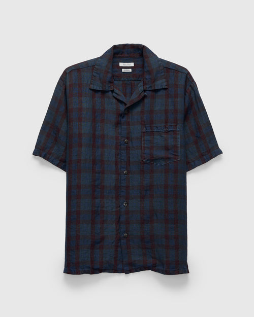 Overdye Linen Open Collar Shirt in Navy Red