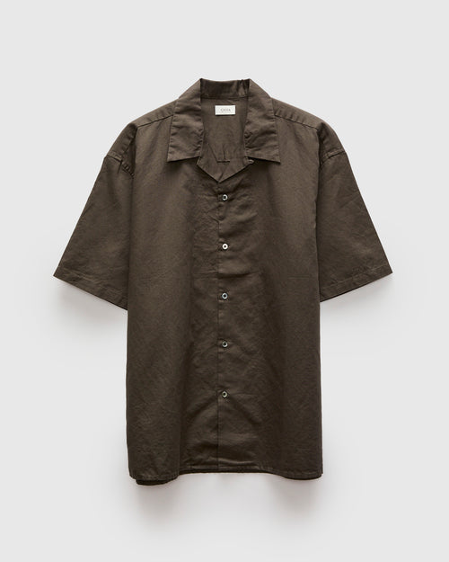 Linen Blend Open Collar SS Shirt in Charcoal Grey