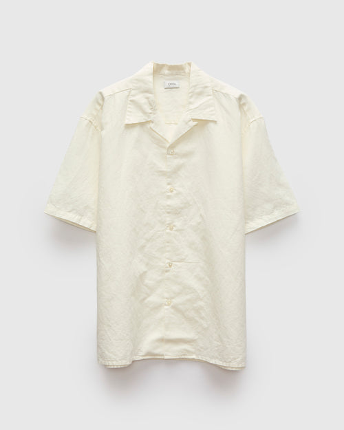 Linen Blend Open Collar SS Shirt in Off-White