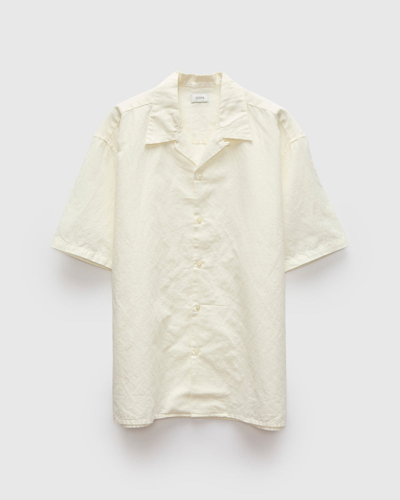 Linen Blend Open Collar SS Shirt in Off-White