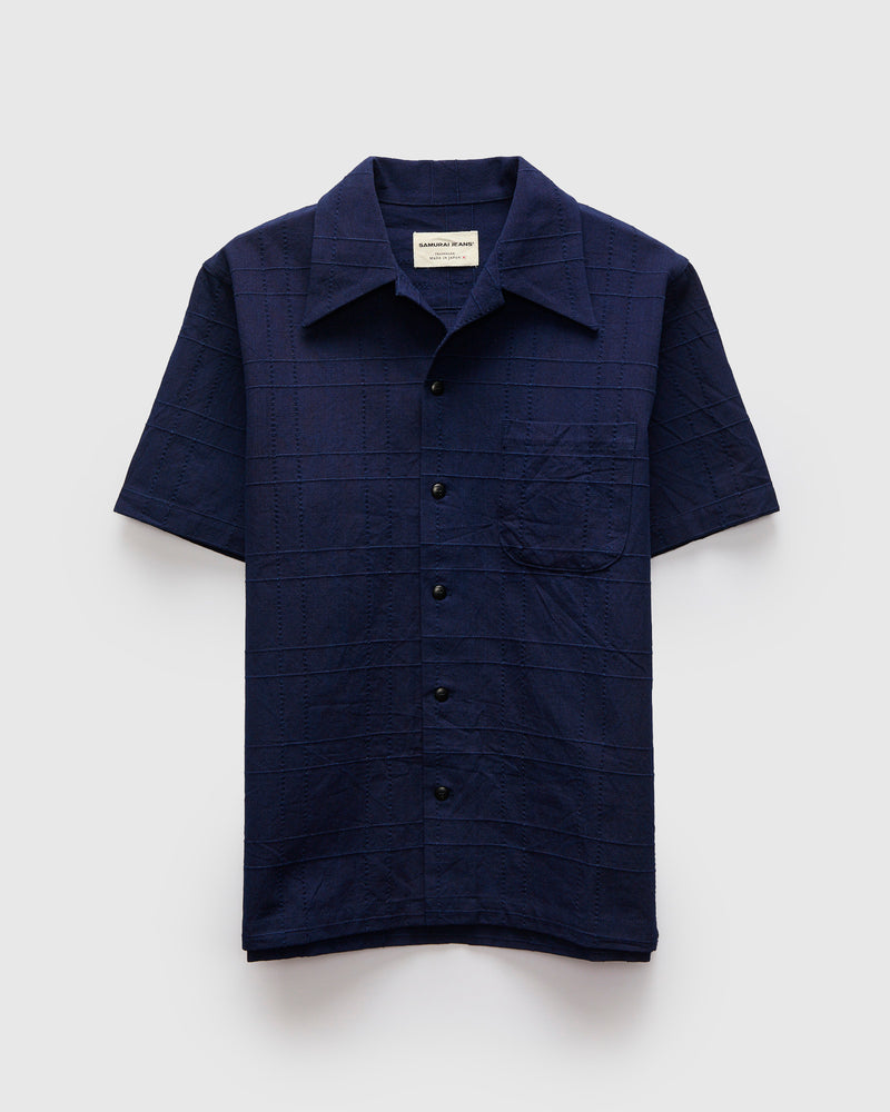 Open Collar Shirt in Indigo Sashiko Lattice