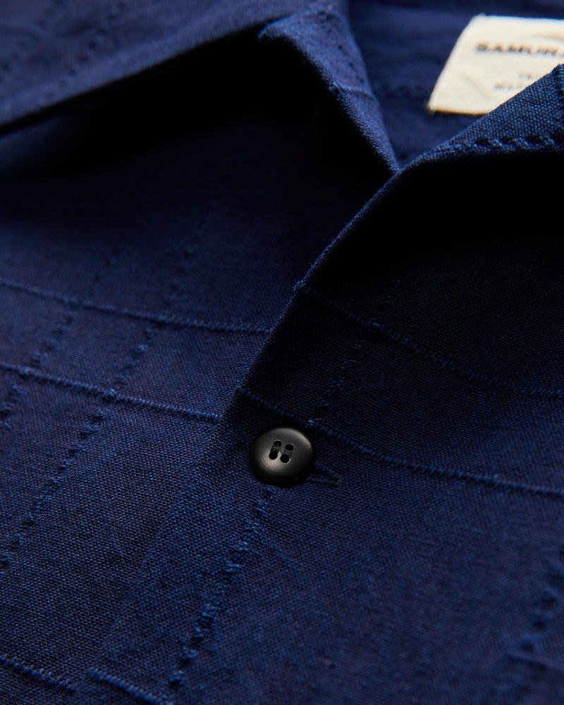 Open Collar Shirt in Indigo Sashiko Lattice