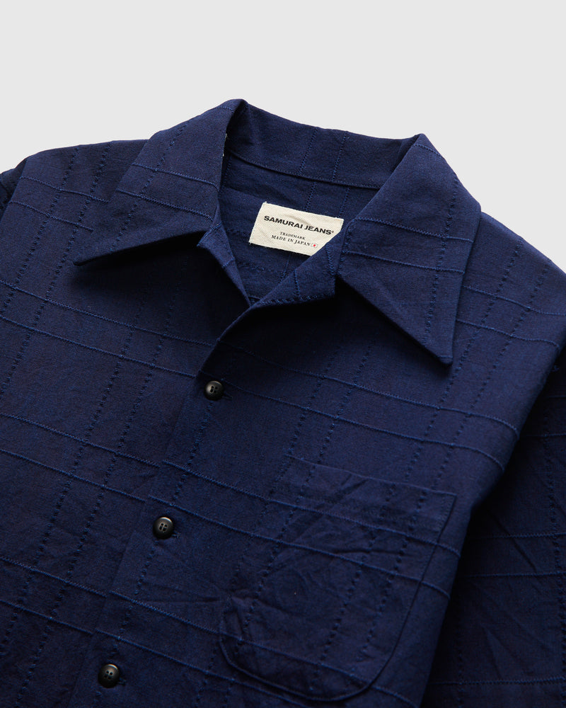 Open Collar Shirt in Indigo Sashiko Lattice