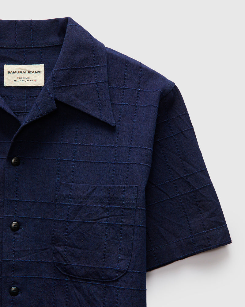 Open Collar Shirt in Indigo Sashiko Lattice