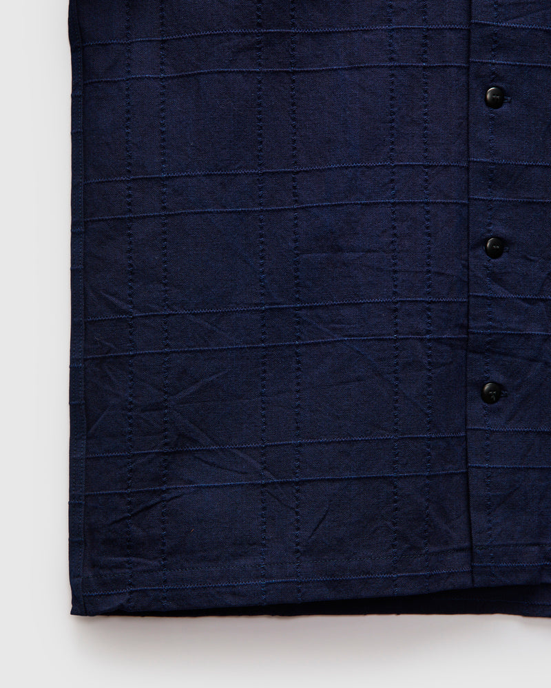Open Collar Shirt in Indigo Sashiko Lattice