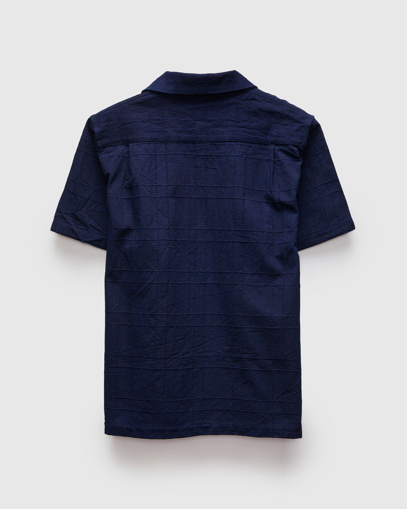 Open Collar Shirt in Indigo Sashiko Lattice