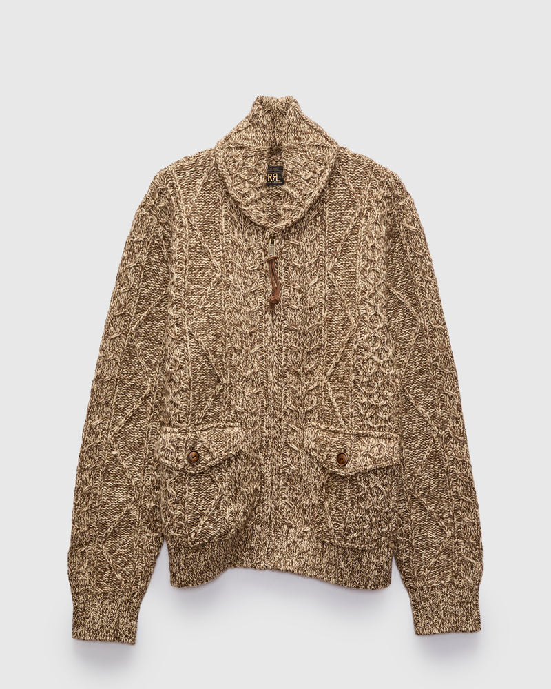 Cable-Knit Shawl Collar Zip Cardigan in Brown