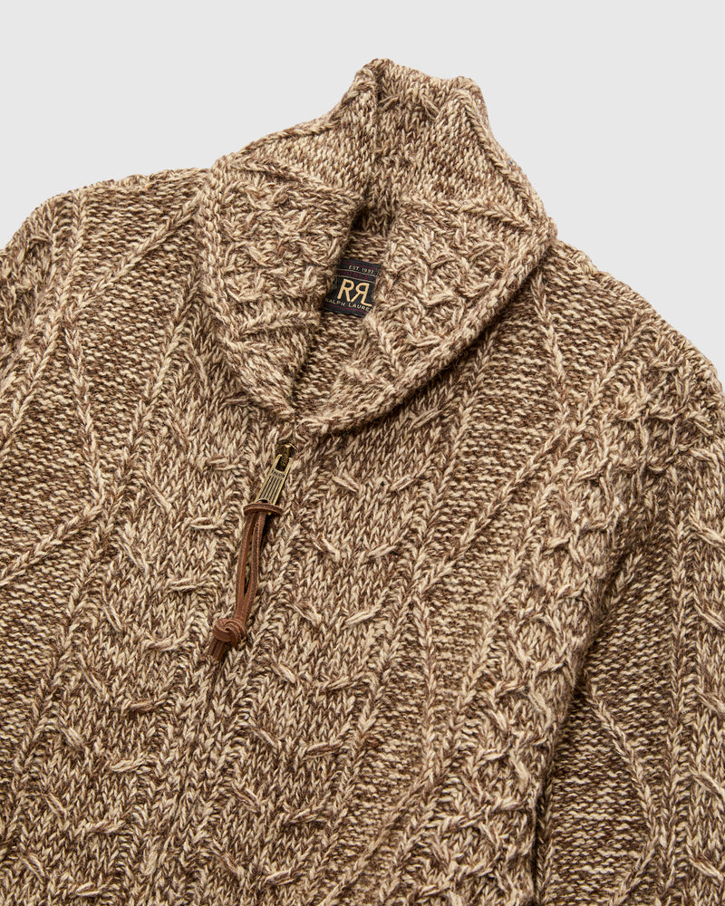 Cable-Knit Shawl Collar Zip Cardigan in Brown