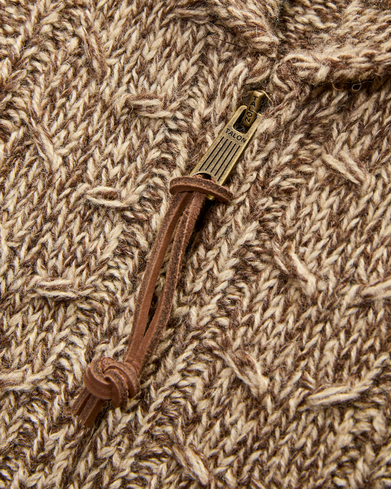 Cable-Knit Shawl Collar Zip Cardigan in Brown