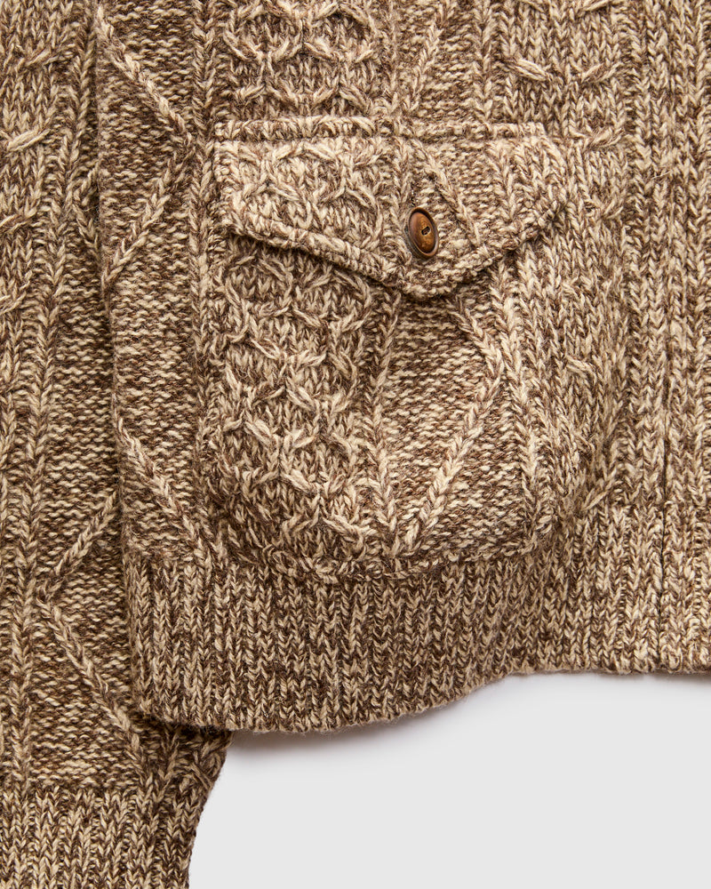 Cable-Knit Shawl Collar Zip Cardigan in Brown