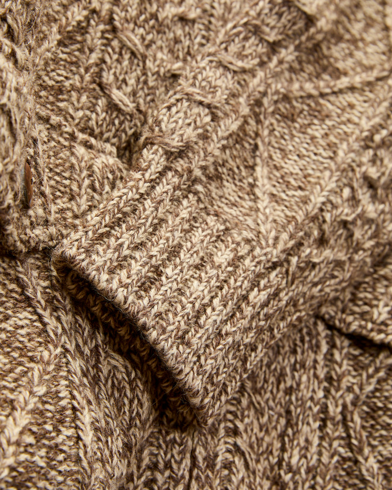 Cable-Knit Shawl Collar Zip Cardigan in Brown