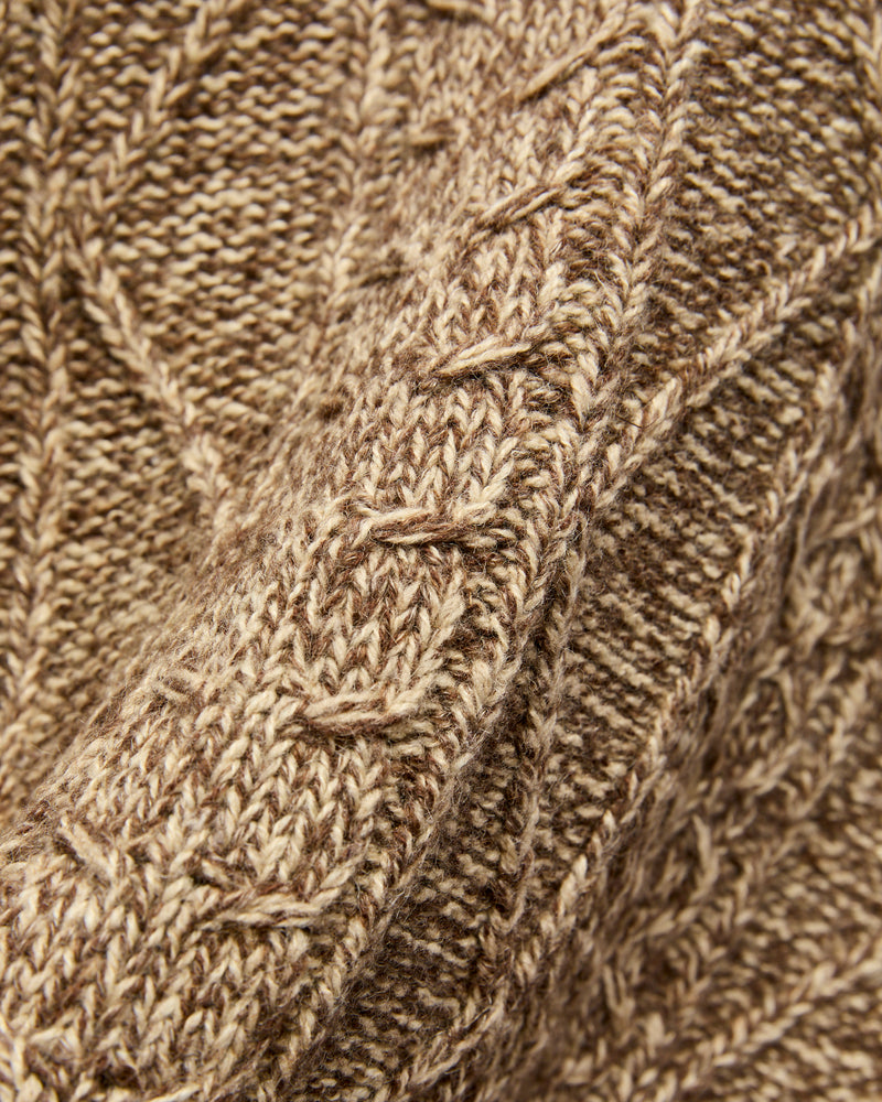 Cable-Knit Shawl Collar Zip Cardigan in Brown