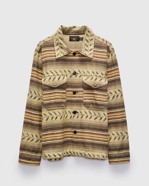 Leaf-Print Striped Twill Overshirt in Grey/Brown