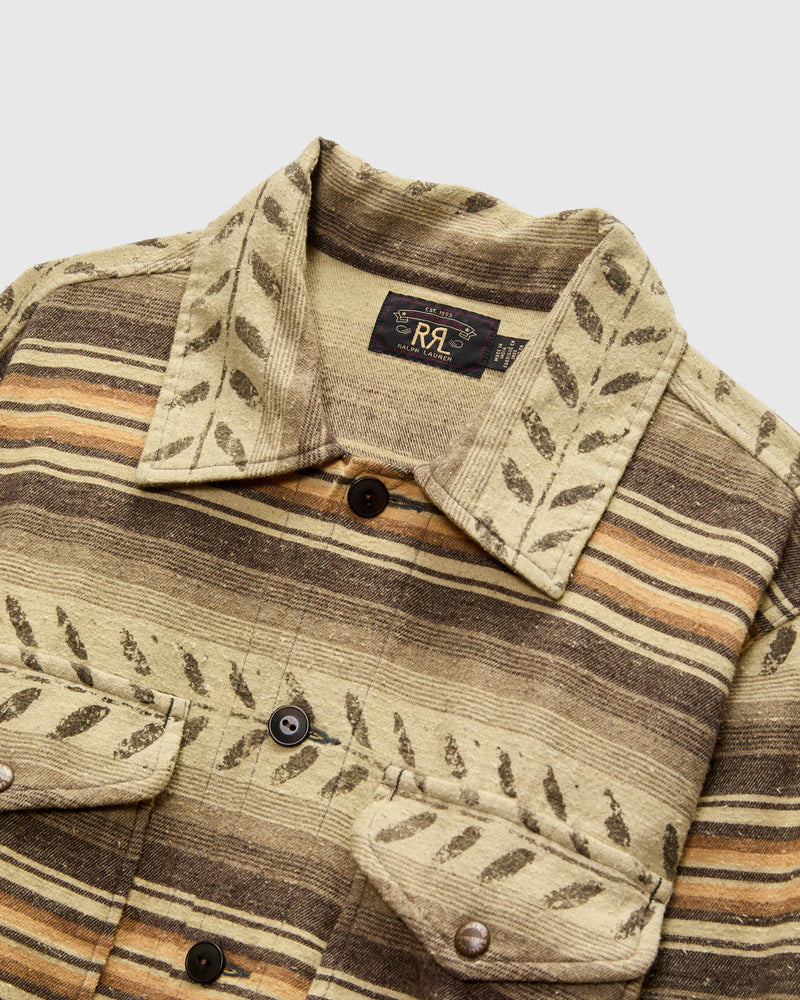 Leaf-Print Striped Twill Overshirt in Grey/Brown