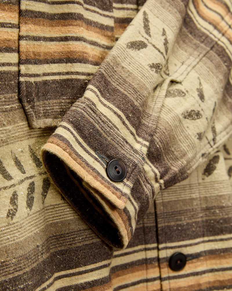 Leaf-Print Striped Twill Overshirt in Grey/Brown