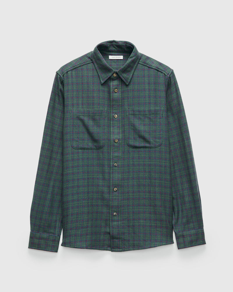 Handwoven Mini Check Rios Workshirt in Grass Indigo Madder Root Dye