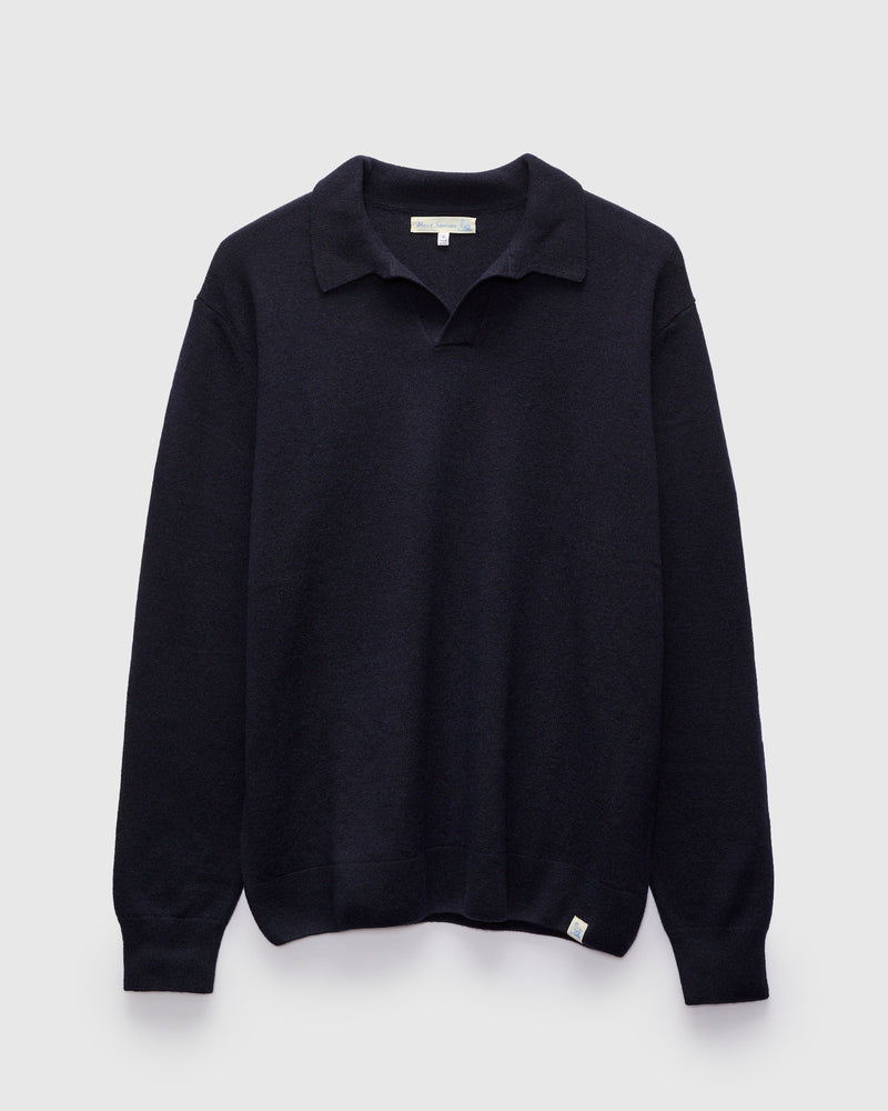 Wool-Silk-Cashmere Long Sleeve Polo in Dark Navy