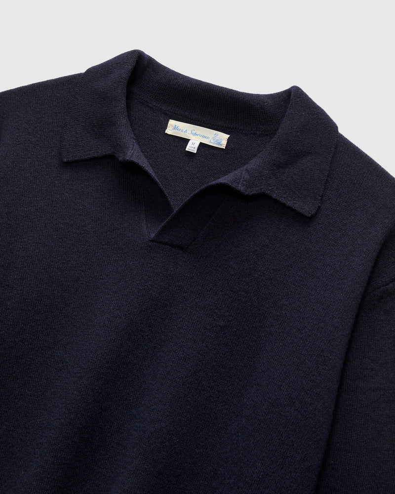 Wool-Silk-Cashmere Long Sleeve Polo in Dark Navy