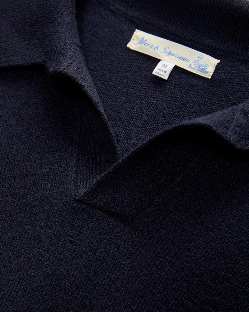 Wool-Silk-Cashmere Long Sleeve Polo in Dark Navy
