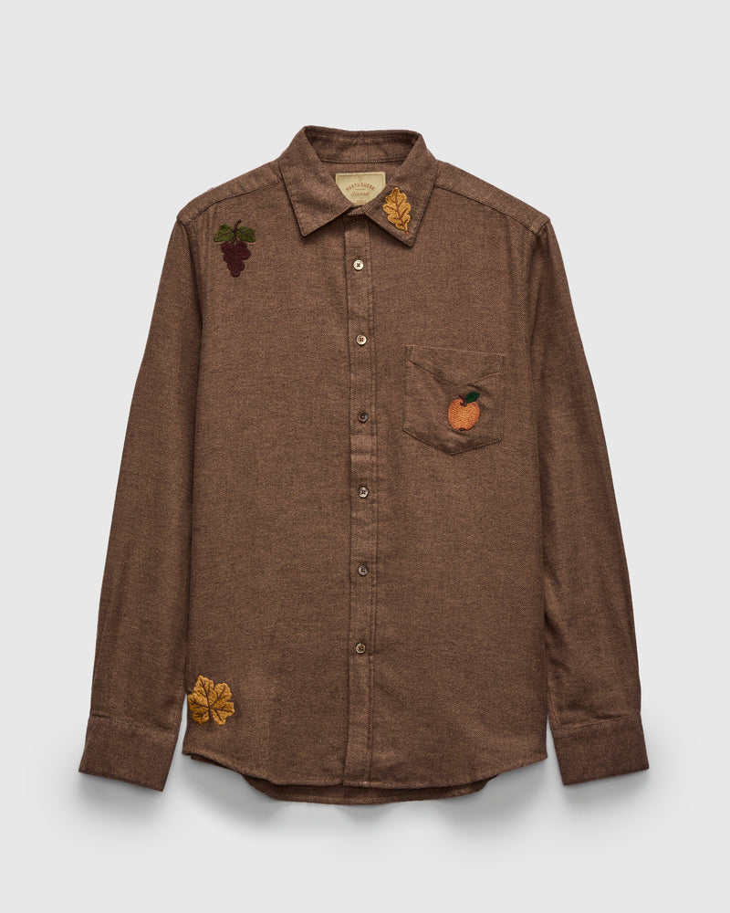Embroidery Flannel Button-Up Shirt in Almond