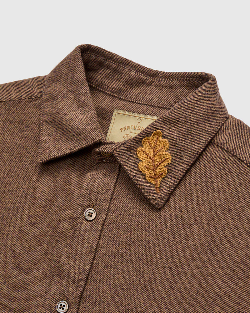 Embroidery Flannel Button-Up Shirt in Almond