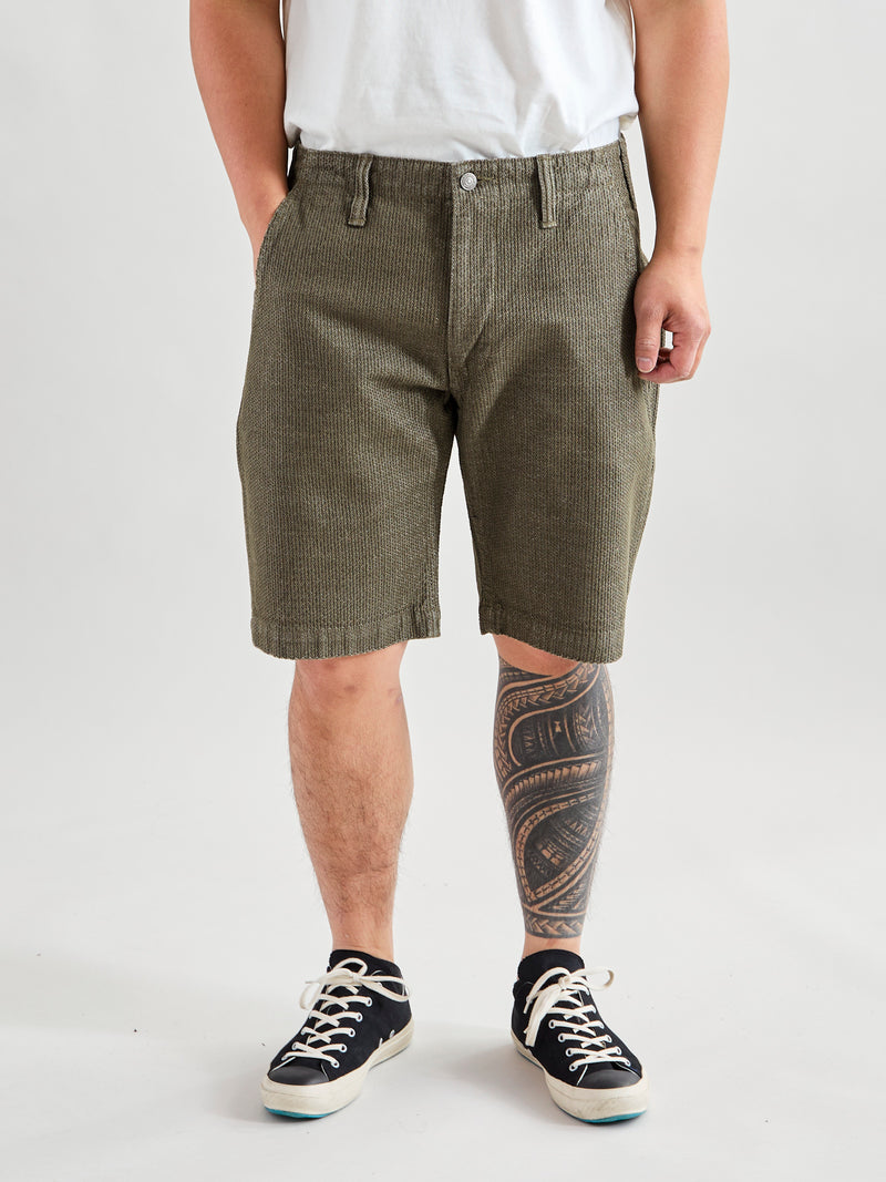 Jacquard Stitch Sashiko Shorts in Olive