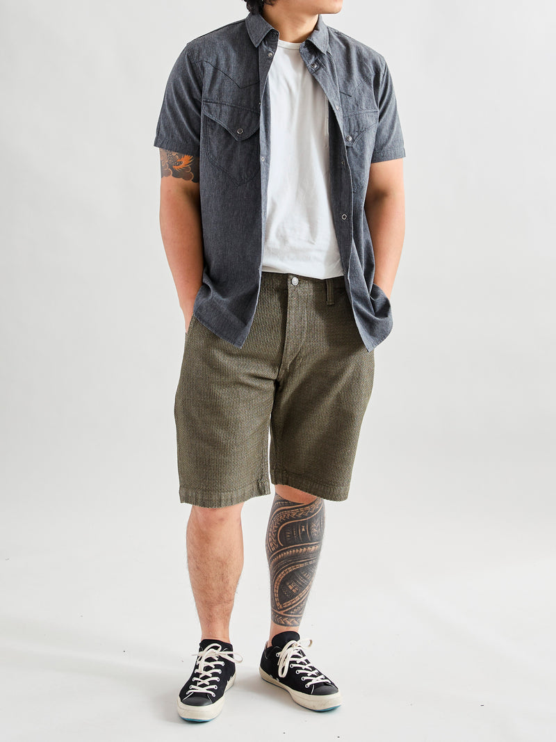 Jacquard Stitch Sashiko Shorts in Olive
