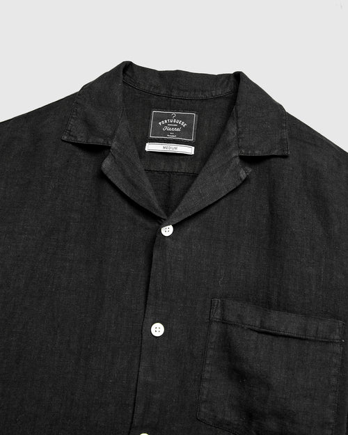 Linen Camp Collar Shirt in Black