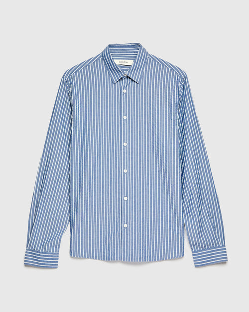 Seersucker Dirleton Shirt in White Blue Stripe