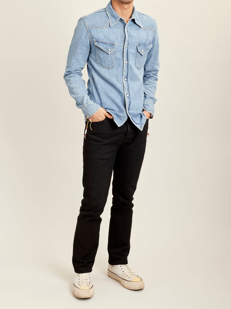 Natural Finish Denim Western Shirt in Distressed Indigo