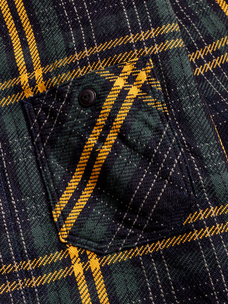 SIN22-01W Rope Dyed Flannel Shirt in Indigo/Green