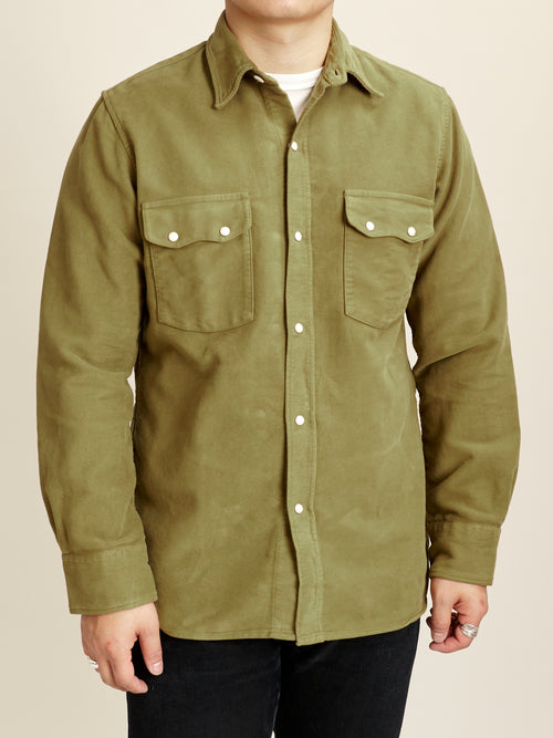 Moleskin Pearl Snap Shirt in Olive