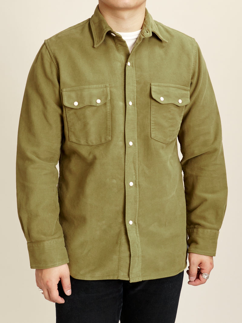 Moleskin Pearl Snap Shirt in Olive
